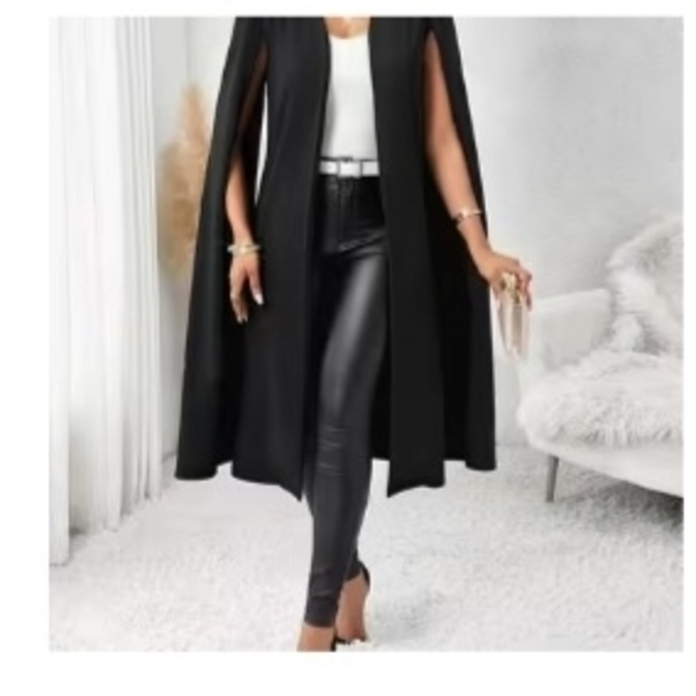 Black Open-Front Cape Coat with Sleeved Slits